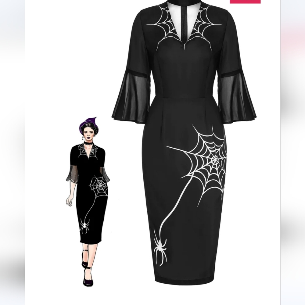 BLACK 1960S HALLOWEEN SPIDER NET BELL PENCIL DRESS XXL/14